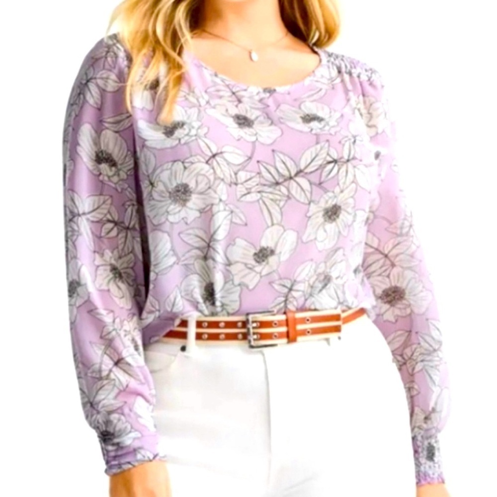 Cabi Poppy Floral Lavender Long Sleeve Blouse L Large